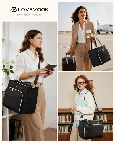 Vista 2 de LOVEVOOK Bolsa de mano para profesores, bolsa para laptop para mujer con portavasos grande y área de archivo de acordeón, bolsa de trabajo