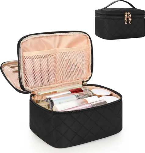 Vista 21 de Relavel Bolsa de maquillaje pequeña para mujer y niña, bolsa de maquillaje y brochas portátil de 2 capas, organizador de brochas de regalo de Navidad