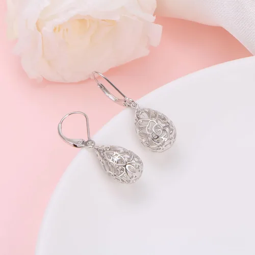 Vista 101 de Aretes colgantes de filigrana de plata de ley 925, margarita, loto, flor de rosa, piedra lunar, lágrima para mujer, nudo celta infinito, margarita