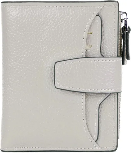 Vista 22 de Cartera de cuero con bloqueo RFID para mujer, pequeña, compacta, doble cremallera, con ventana para identificación