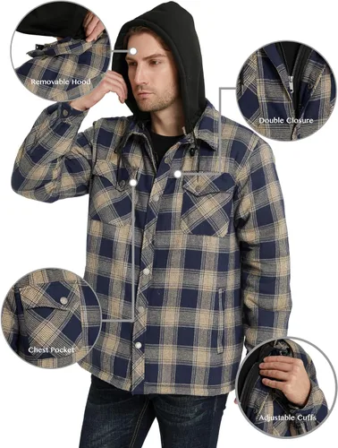 Vista 6 de WenVen Chaqueta acolchada de franela gruesa a cuadros con capucha extraíble para hombre Amarillo