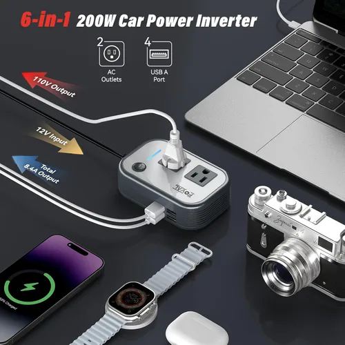 Vista 5 de Inversor de potencia de coche de 200 W, FOVAL, 12 V CC a 110 V CA, inversor de coche con 4 puertos USB, adaptador de toma de corriente para coche