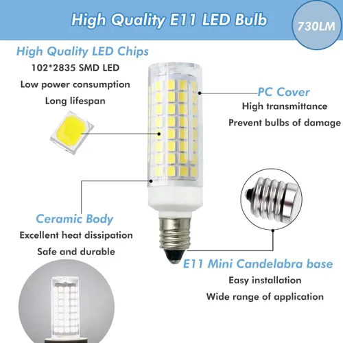 Vista 3 de Bombilla LED E11 7W regulable Mini Candelabro Base 75W Halógeno Equivalente, T3/T4 JD Bombilla LED Maíz para Candelabros de Interior Gabinete Blanco