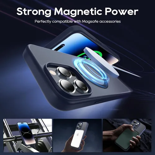 Vista 5 de Funda magnética para iPhone 15 Pro Max con soporte, soporte de anillo invisible con protector de pantalla compatible con MagSafe Slim esmerilado Azul