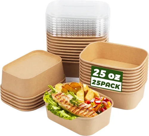 Vista 15 de Paquete de 25 cuencos de papel de 19 onzas, recipientes desechables con tapas, cuencos rectangulares desechables con tapas, cuencos de ensalada
