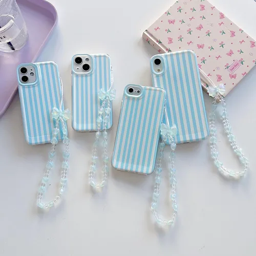 Vista 6 de Bonita funda a rayas para iPhone 6 Plus iPhone 6s Plus con cadena de cuentas, estética suave y delgada, funda protectora de poliuretano
