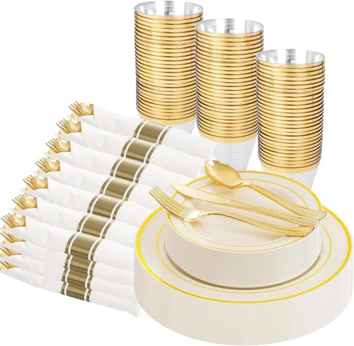 Vista 21 de WELLIFE 210 vajilla de plástico negro con servilletas preenrolladas, incluye: 30 platos llanos, 30 platos de postre, 30 servilletas de papel, 30