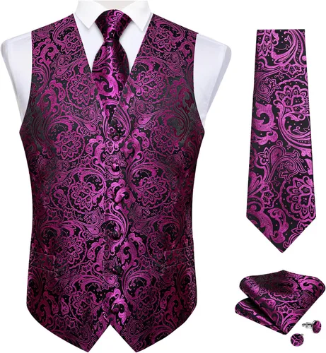 Vista 37 de DiBanGu Conjunto de 5 chalecos de seda con corbata y corbatín para hombre Paisley oro negro