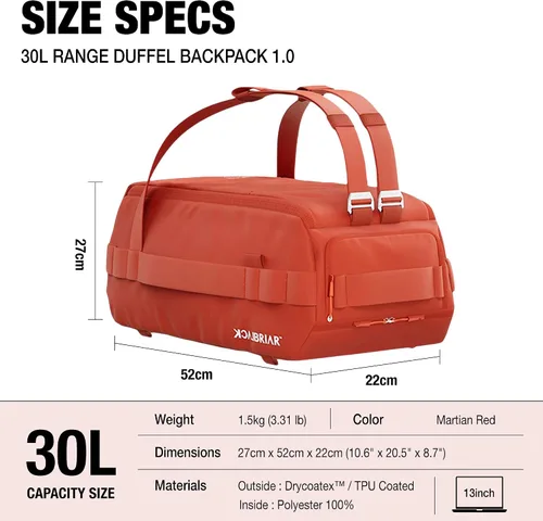 Vista 3 de Blackbriar Range Duffel - Mochila convertible color rojo marciano de 30 litros, con acceso magnético patentado, partición modular en S, garaje