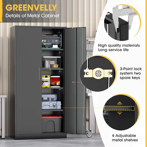 Vista 9 de Greenvelly Armario de almacenamiento de metal de 72 pulgadas de alto con 2 puertas y 4 estantes ajustables, gabinete de metal negro con cerradura
