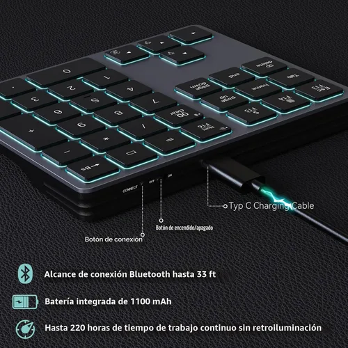 Vista 4 de Doohoeek Teclado numérico Bluetooth retroiluminado para computadoras portátiles y computadoras, almohadillas numéricas de 34 teclas con Gris