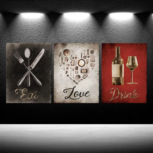 Vista 2 de iKNOW FOTO Juego de arte de pared en lienzo de 3 piezas con texto en inglés "Eat, Drink, Love", impresiones inspiradoras con citas para cocina