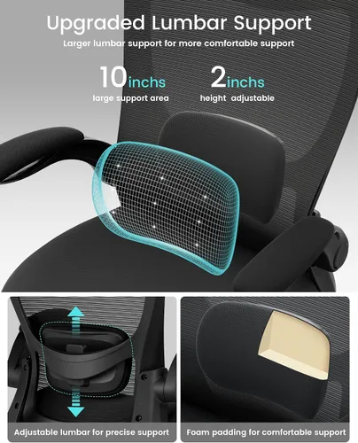 Vista 5 de MUXX.STIL Silla de oficina, silla de escritorio ergonómica con soporte lumbar ajustable y reposabrazos abatibles, silla de computadora de malla