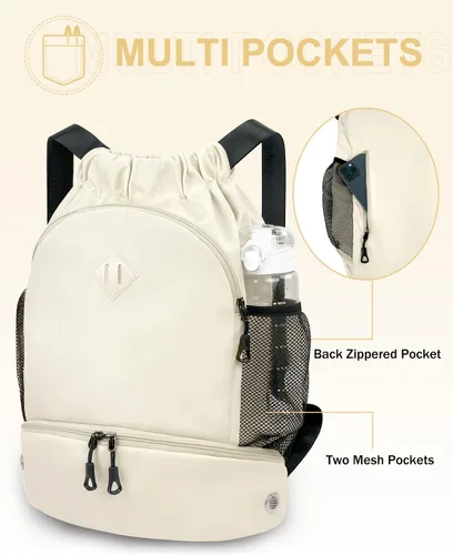 Vista 3 de Mochila de gimnasio con cordón y compartimento para zapatos para hombres y mujeres, bolsa deportiva con bolsillo para ropa húmeda, Beige, Mediana