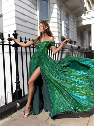 Vista 5 de Fanciest Vestidos de fiesta de lentejuelas con hombros descubiertos 2023, vestidos largos de baile para mujer, vestidos de noche formales