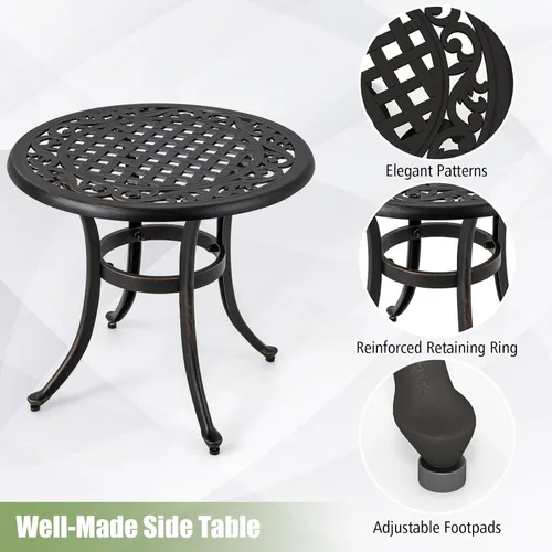 Vista 6 de Tangkula Mesa auxiliar de patio de 24 pulgadas, mesa auxiliar de aluminio fundido con almohadillas ajustables, mesa de centro pequeña
