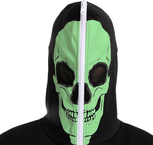 Vista 4 de Spooktacular Creations Mono de esqueleto para adultos, pijama para hombre, que brilla en la oscuridad, con cremallera, disfraces con capucha
