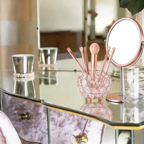 Vista 7 de Crystal Beads Makeup Brush Holder, Handcrafted Cosmetics Makeup Brushes Cup Organizer Vanity Decor, Candle Holder Decoration Tray(Gold)