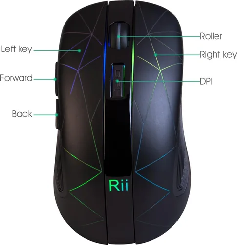 Vista 3 de Rii Ratón inalámbrico LED, ratón óptico ergonómico de 2.4 G con receptor USB, mouse portátil recargable para PC, Mac, tableta, Chromebook, portátil