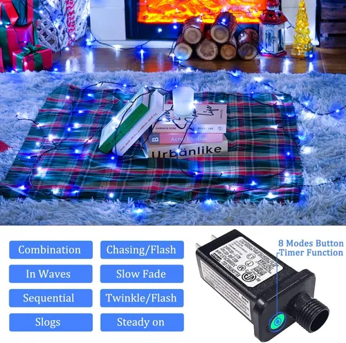 Vista 2 de JMEXSUSS Guirnalda de luces de Navidad de 200 LED azules y blancas, 66 pies, de exterior, expansible, para árbol, fiesta o decoración de hogar