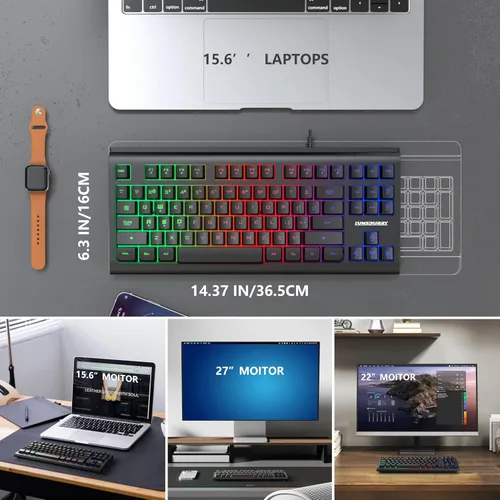 Vista 4 de Lumsburry - Teclado de computadora, 87 teclas, teclado USB compacto con cable, retroiluminación LED de arcoíris para PC, portátil, teclado