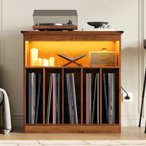 Vista 2 de MHOM Farmhouse - Soporte grande para tocadiscos con tomas de corriente y luces LED, soporte para discos de vinilo con capacidad para hasta 150