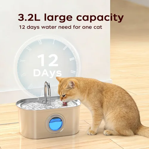 Vista 2 de Fuente de agua para gatos de acero inoxidable KANCHOU con ventana de nivel de agua, fuente de agua silenciosa y automática de 108 oz/3.2L para gatos