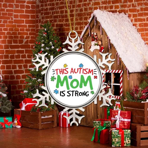 Vista 5 de Esta mamá con autismo es adornos de Navidad, concienciación sobre el autismo, regalos de recuerdo de Navidad, copo de nieve de metal, decoración