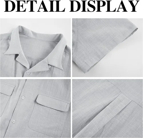 Vista 4 de Camisa casual de manga corta con botones para hombre, de lino, algodón, con solapa, color liso, con bolsillo