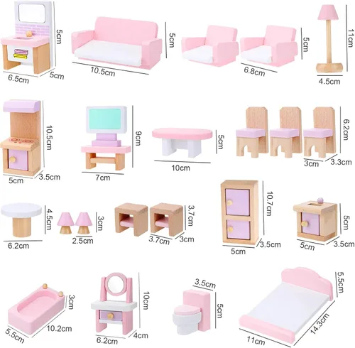 Vista 7 de Sumind Juego de 30 piezas de muebles de casa de muñecas de madera, juego de 8 mini figuras de personas para casa de muñecas, accesorios