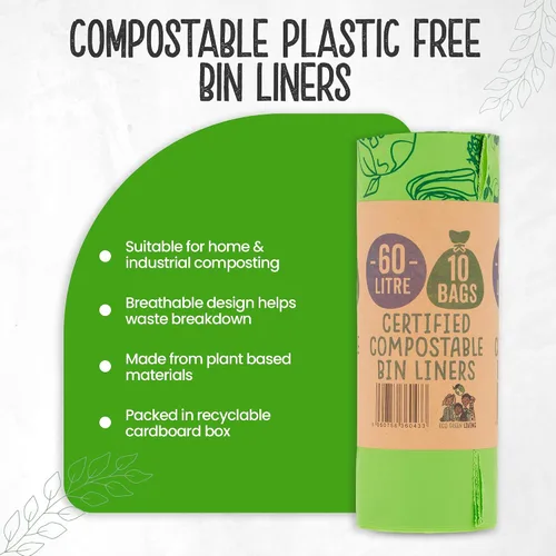 Vista 5 de Eco Green Living - Bolsas de basura biodegradables 100% compostables de 60 litros para residuos de alimentos, bolsas altas de cocina, veganas