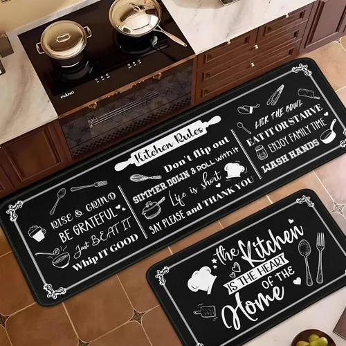 Vista 9 de Juego de 2 tapetes de cocina negros antideslizantes y lavables, juego de 2 tapetes decorativos antifatiga para áreas de cocina y comedor, decoración