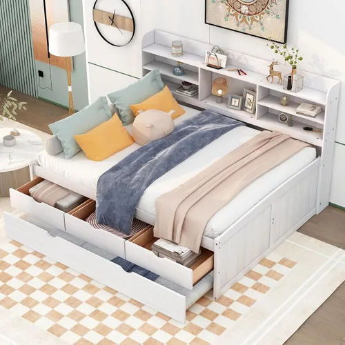 Vista 11 de Sofá cama de madera de tamaño matrimonial con 2 armarios de noche, estantes superiores y 4 cajones, marco de madera resistente, espacio de Marrón