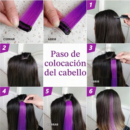 Vista 4 de 12 extensiones de cabello sintético de colores multicolor con reflejos para fiestas, extensiones de cabello sintético de 20 pulgadas