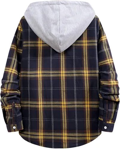 Vista 4 de Men Hooded Plaid Shirt Button Splice Mens Autumn and Winter Plaid Shirt Trend Hip-hop Hooded Cardigan Long Sleeve Fashion Top