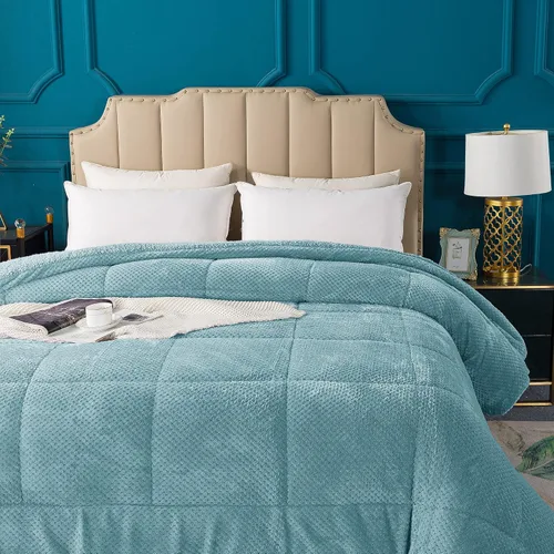 Vista 8 de KASENTEX - Edredón de lujo súper ultra suave de sherpa de pelo sintético, ropa de cama reversible apta para lavar a máquina, en color azul cielo