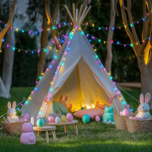 Vista 9 de JMEXSUSS 200 luces LED de Pascua al aire libre e interior para decoraciones, 66 pies conectables pastel luces de Pascua cadena de alambre