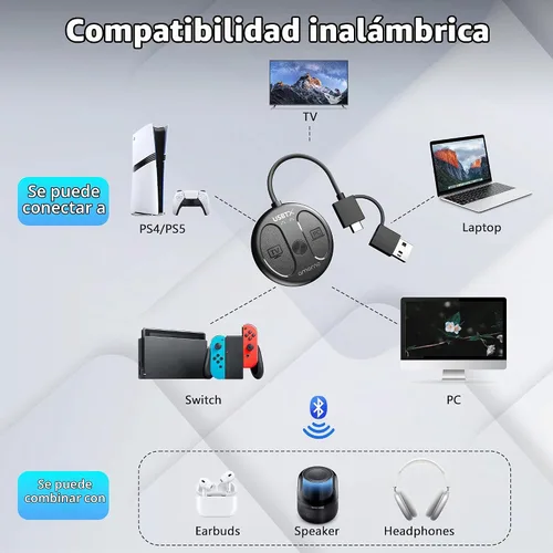 Vista 7 de AMORNO Adaptador Bluetooth USB-C para PS5, adaptador de audio Bluetooth 5.4 para PC, Plug and Play, transmisor de audio inalámbrico para auriculares