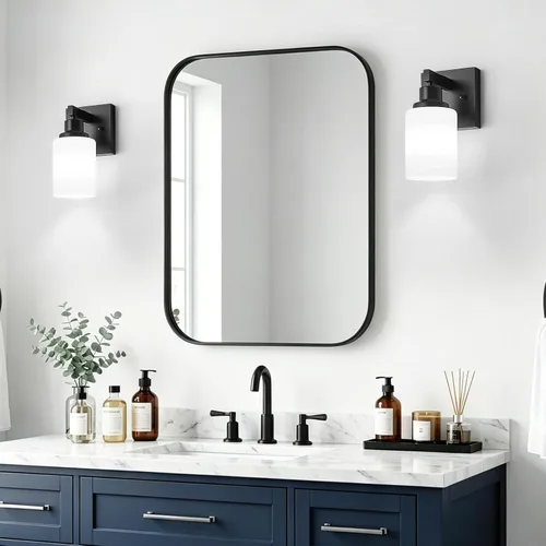 Vista 2 de Juego de 2 apliques de pared para baño, 1 luz negra, apliques de pared modernos para interiores con pantallas de vidrio blanco, lámpara de pared