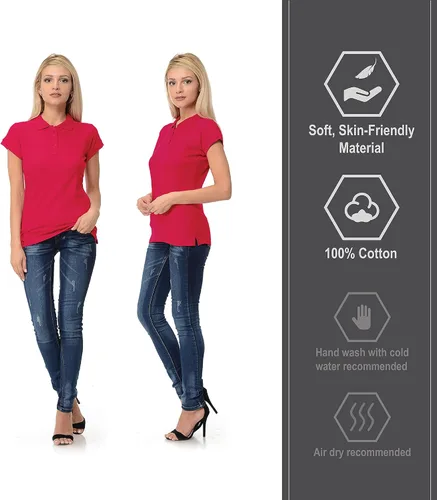 Vista 5 de FRESH TEE Polo de manga corta para mujer 100% algodón ajustado para mujer (EE.UU., Alpha, L, regular, regular, frambuesa), Frambuesa