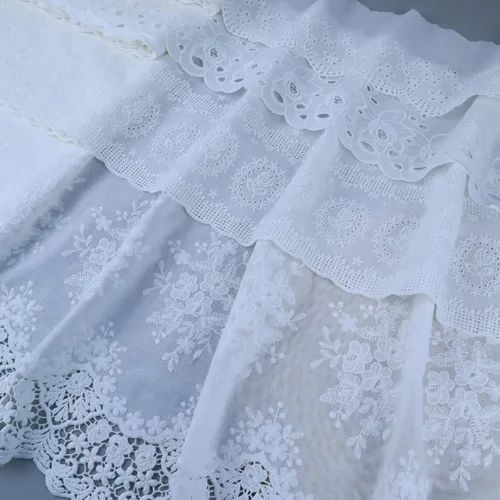Vista 4 de Ribete de encaje con ojales de 4.8 yardas y 6 pulgadas de ancho, color blanco, de algodón, bordado con volantes, para costura, ropa de bebé, ropa