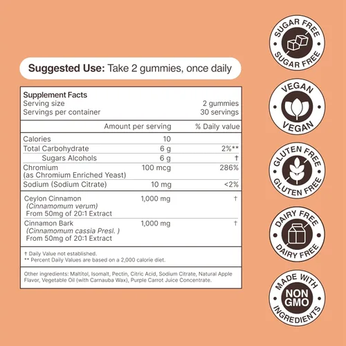 Vista 6 de Ceilán - Gomitas de canela - 2000 mg de canela complejo de cromo en latas sin plástico - Sin gluten vegano