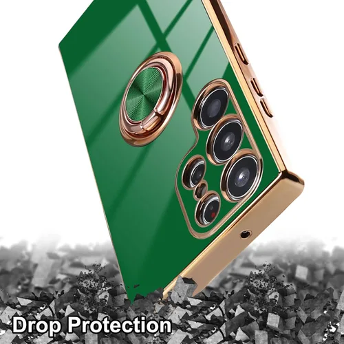 Vista 6 de Funda para Samsung Galaxy S23 Ultra 5G, soporte de anillo de rotación de 360° incorporado, soporte magnético, borde chapado brillante de lujo, Verde