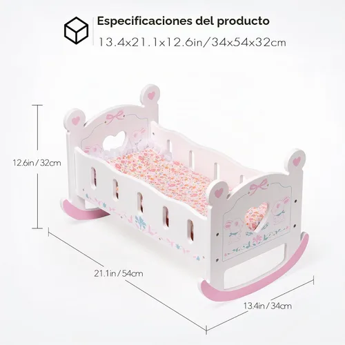 Vista 6 de ROBUD Cuna de Madera para Muñecas de Bebé, Juguetes de Cama para Muñecas de Bebé, para Muñecas de Hasta 18 Pulgadas, Accesorios para Muñecas