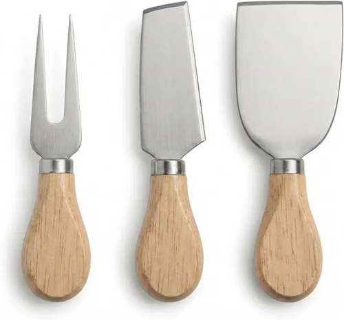 Vista 7 de Juego de cuchillos de queso de 3 piezas Acero inoxidable con asas de madera de acacia oscura Tenedor de queso, espátula y cuchillo esparcidor