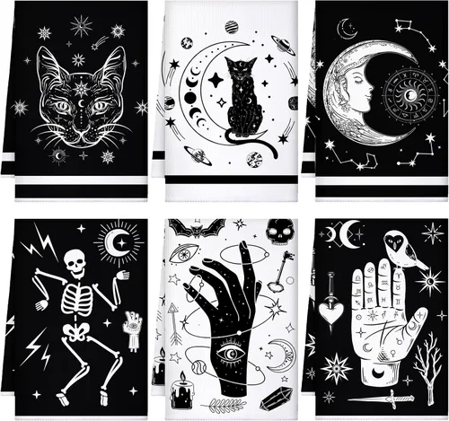 Vista 25 de Bencailor - 6 toallas de cocina góticas espeluznantes con tarot, toallas de mano, luna, sol, bruja, té, para fiestas de terror, regalos de baño