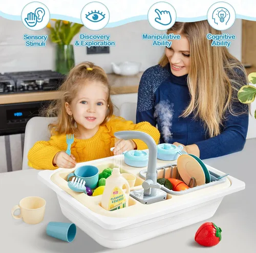 Vista 9 de Beright Juguetes para fregadero de cocina, juguetes de fregadero para niños pequeños con grifo mejorado, juguetes de simulación con agua corriente
