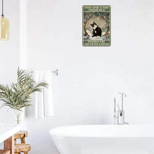 Vista 5 de CrazySign Cartel Divertido de Gato para Amantes de Gatos, Mujeres, Niñas, Regalo, Once Upon a Time I Pick Up A Tuxedo Cat, Cartel de Hojalata