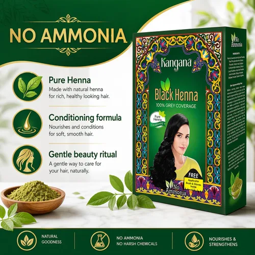 Vista 3 de KANGANA Polvo de henna negra natural para tinte de cabello/color, 100% cobertura de canas, sin químicos, paquete de 3 Negro