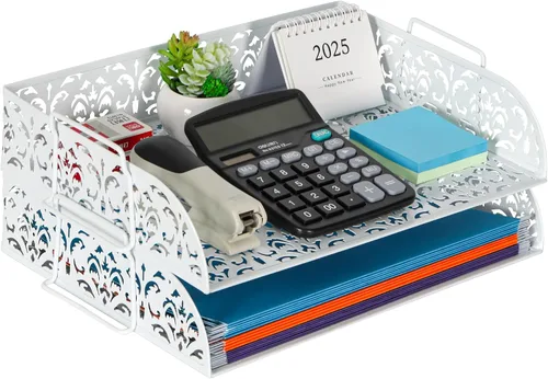 Vista 11 de EasyPAG, charola para escritorio de 2 niveles para cartas, diseño calado de flores, Negro